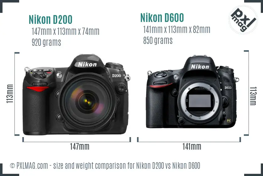 Nikon D200 vs Nikon D600 size comparison