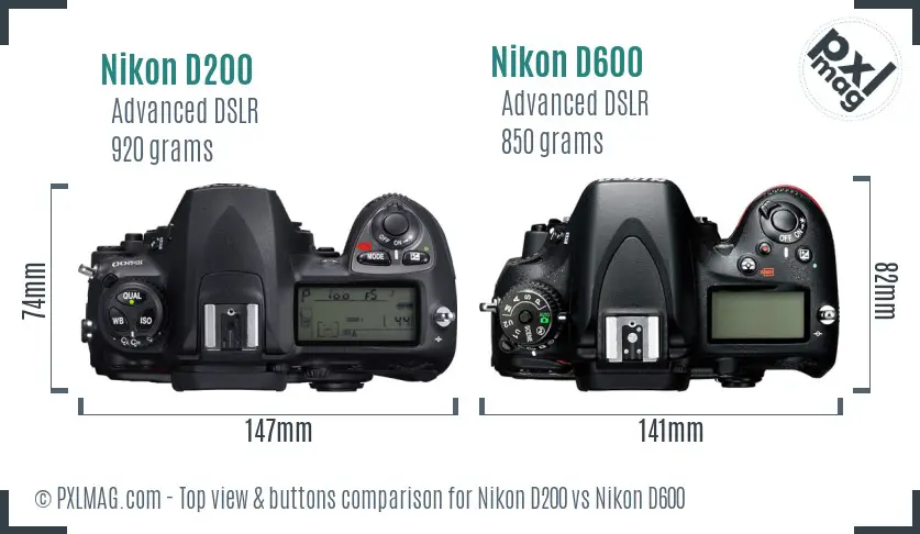 Nikon D200 vs Nikon D600 top view buttons comparison