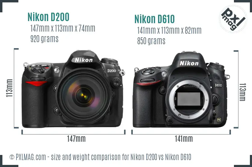 Nikon D200 vs Nikon D610 size comparison