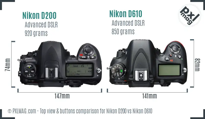 Nikon D200 vs Nikon D610 top view buttons comparison