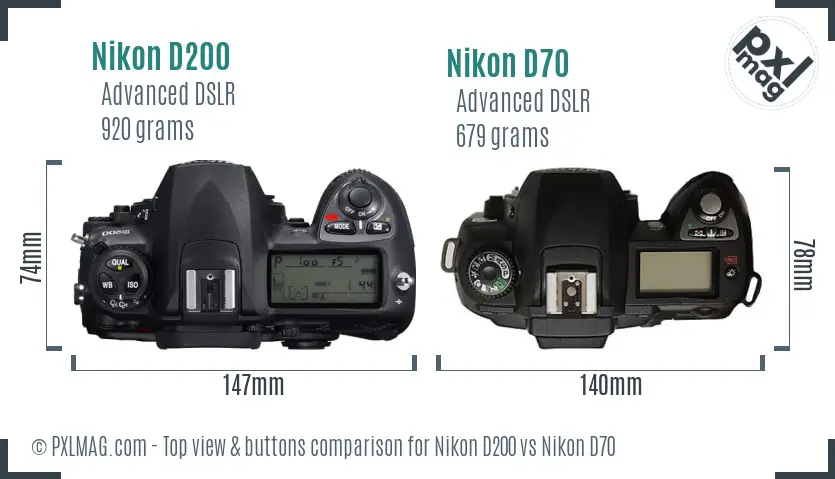 Nikon D200 vs Nikon D70 top view buttons comparison