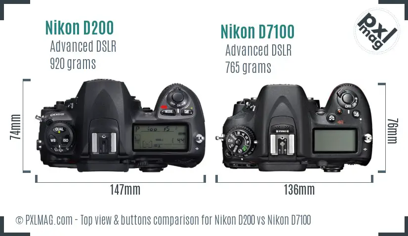 Nikon D200 vs Nikon D7100 top view buttons comparison