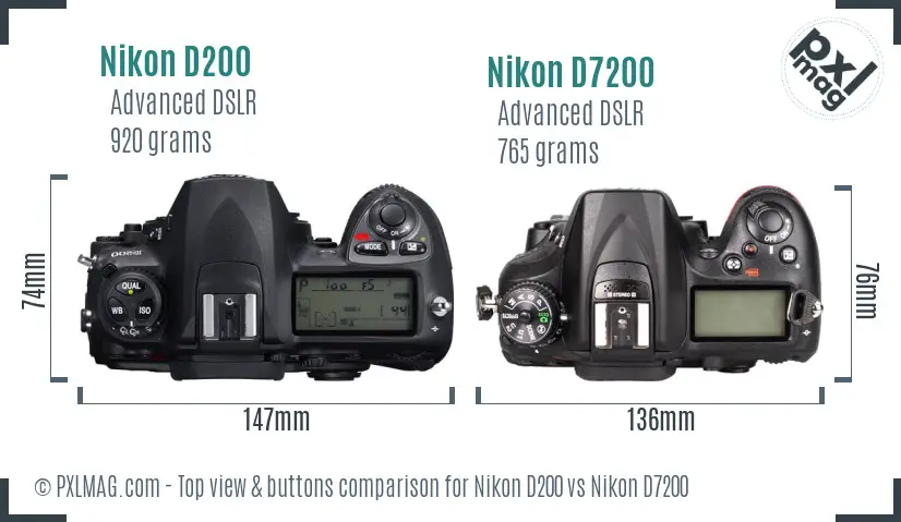 Nikon D200 vs Nikon D7200 top view buttons comparison