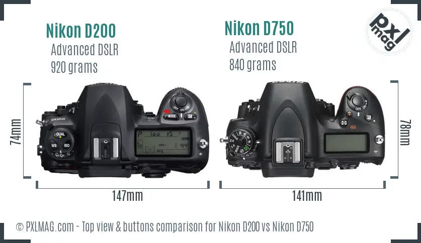 Nikon D200 vs Nikon D750 top view buttons comparison