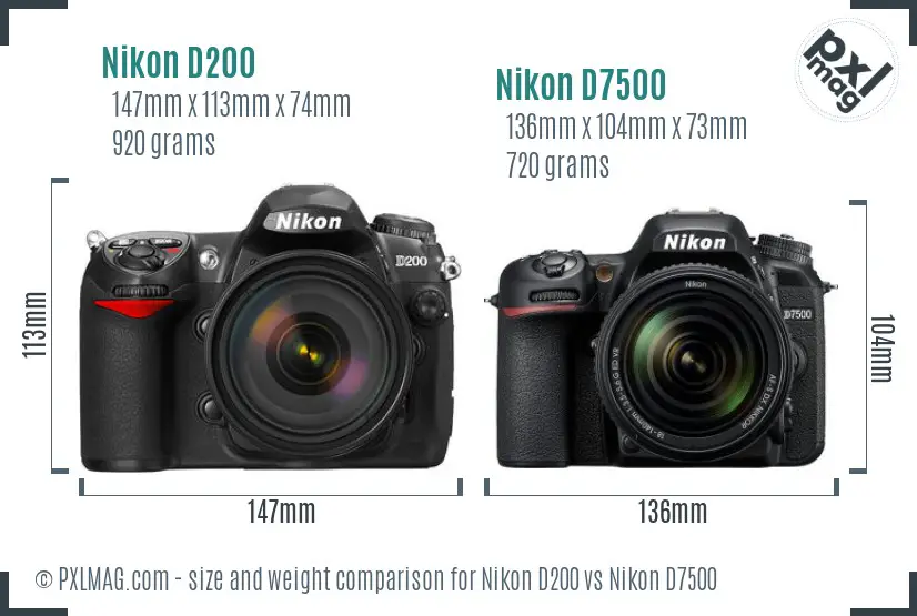 Nikon D200 vs Nikon D7500 size comparison