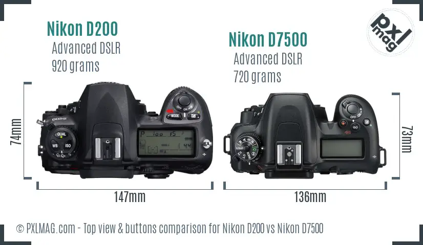 Nikon D200 vs Nikon D7500 top view buttons comparison