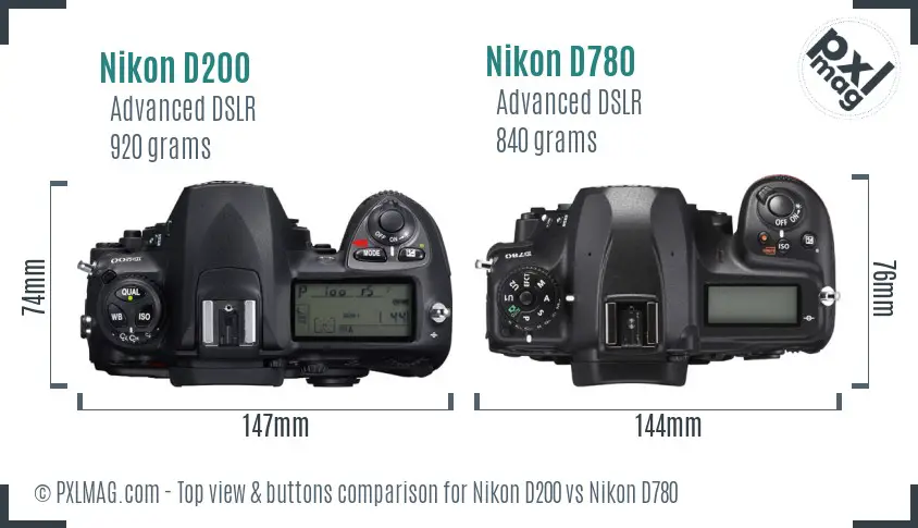 Nikon D200 vs Nikon D780 top view buttons comparison