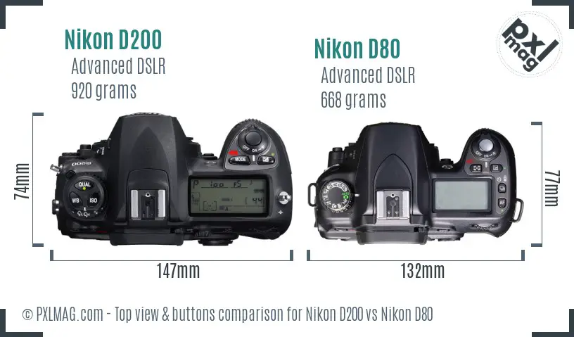 Nikon D200 vs Nikon D80 top view buttons comparison