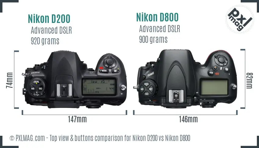 Nikon D200 vs Nikon D800 top view buttons comparison