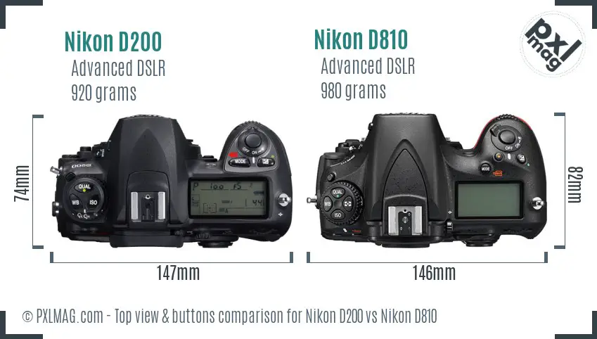 Nikon D200 vs Nikon D810 top view buttons comparison