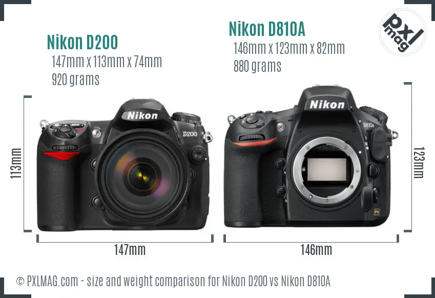 Nikon D200 vs Nikon D810A size comparison