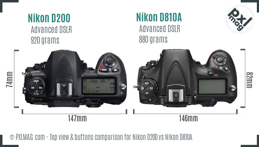 Nikon D200 vs Nikon D810A top view buttons comparison