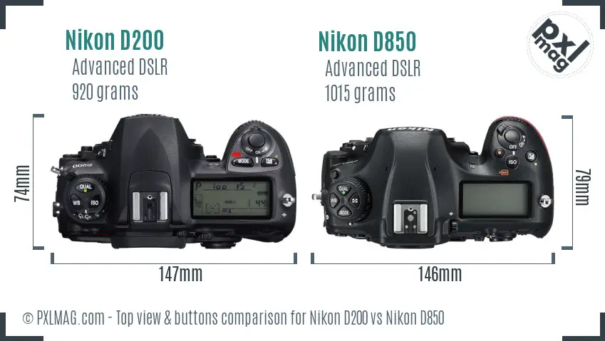 Nikon D200 vs Nikon D850 top view buttons comparison