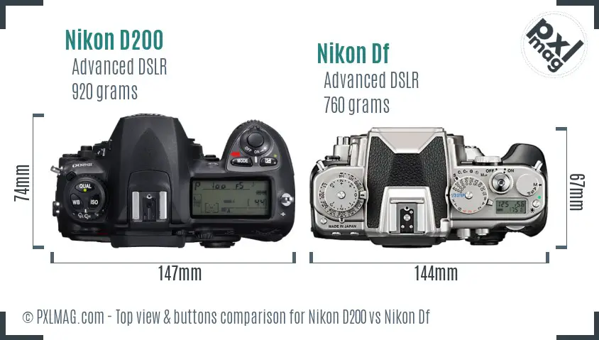Nikon D200 vs Nikon Df top view buttons comparison