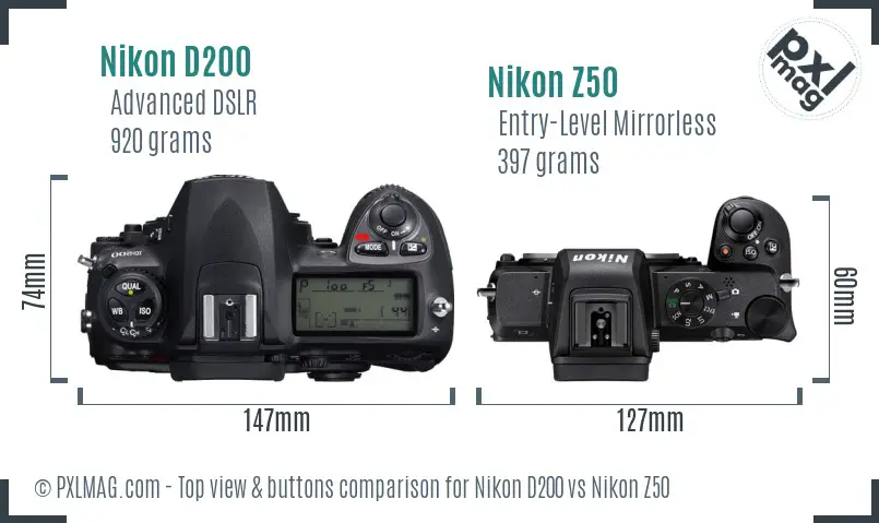 Nikon D200 vs Nikon Z50 top view buttons comparison Nikon D200 vs Nikon Z50 top view buttons comparison