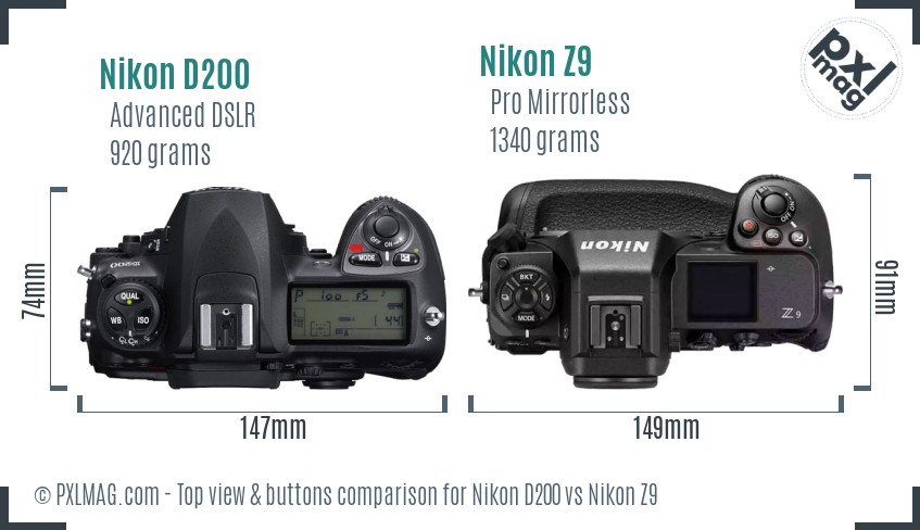 Nikon D200 vs Nikon Z9 top view buttons comparison