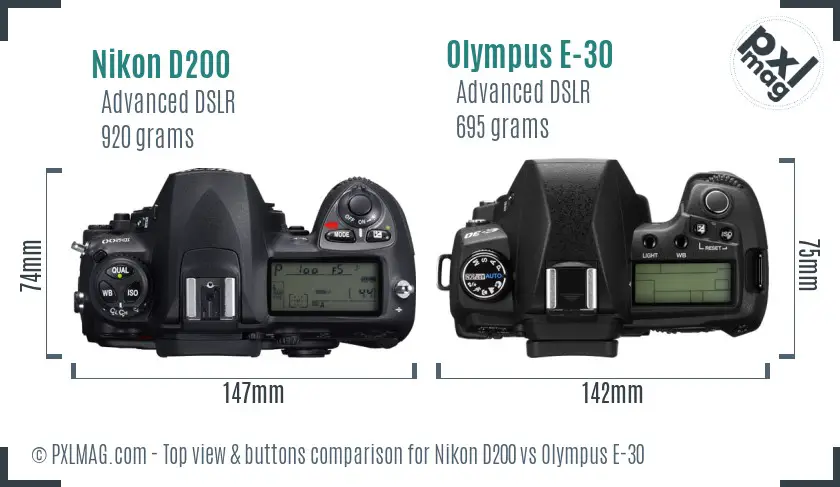 Nikon D200 vs Olympus E-30 top view buttons comparison