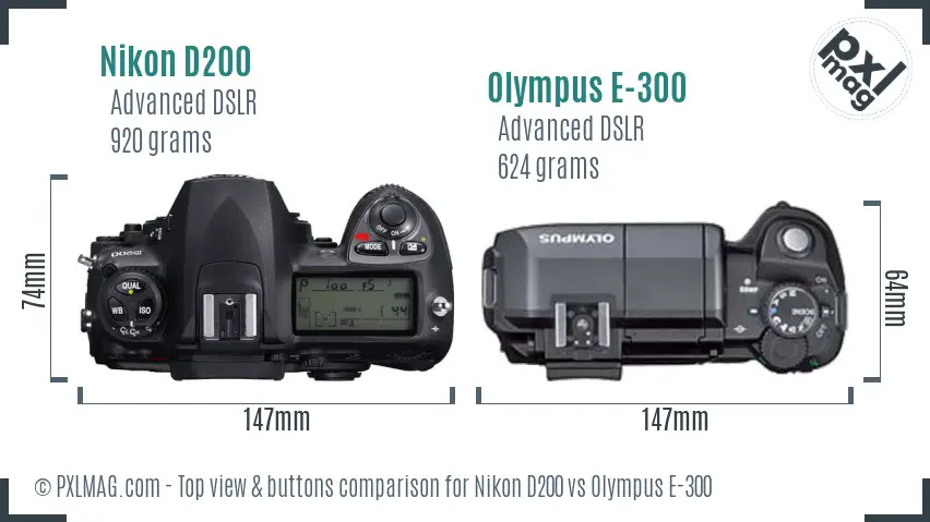 Nikon D200 vs Olympus E-300 top view buttons comparison
