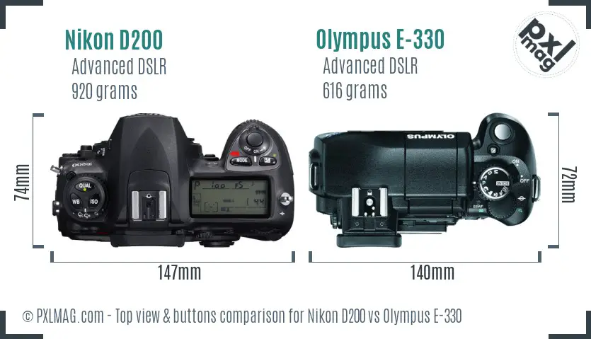 Nikon D200 vs Olympus E-330 top view buttons comparison