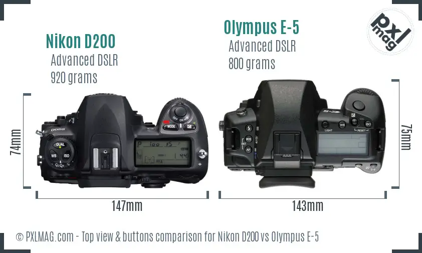 Nikon D200 vs Olympus E-5 top view buttons comparison