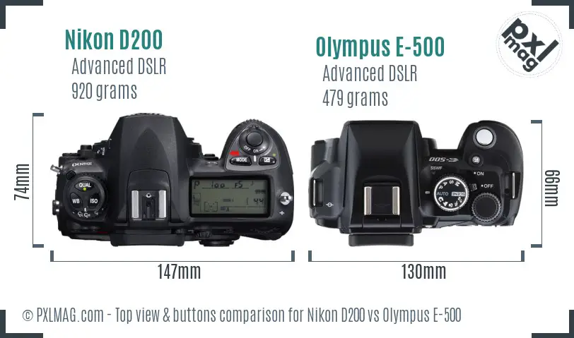 Nikon D200 vs Olympus E-500 top view buttons comparison