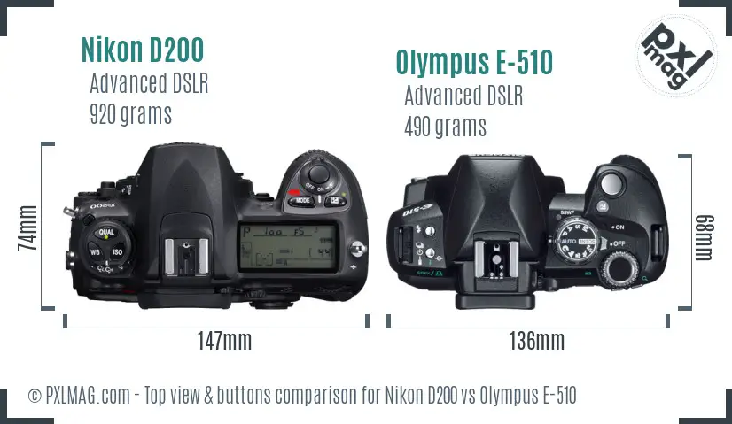 Nikon D200 vs Olympus E-510 top view buttons comparison