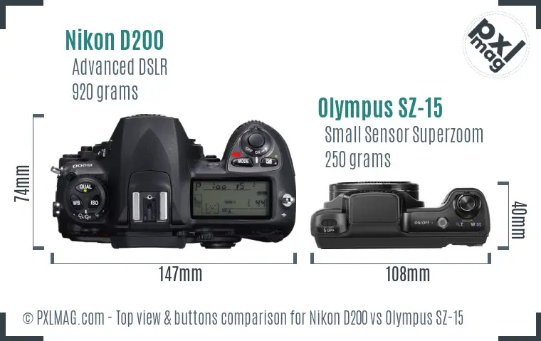 Nikon D200 vs Olympus SZ-15 top view buttons comparison