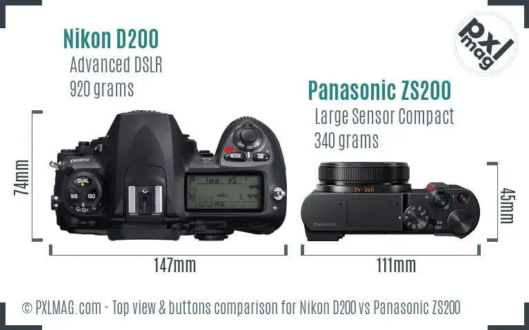 Nikon D200 vs Panasonic ZS200 top view buttons comparison Nikon D200 vs Panasonic ZS200 top view buttons comparison
