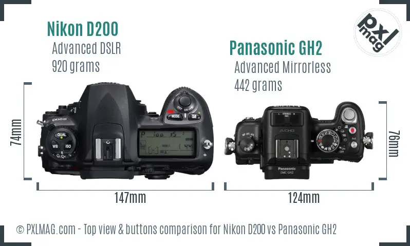 Nikon D200 vs Panasonic GH2 top view buttons comparison Nikon D200 vs Panasonic GH2 top view buttons comparison