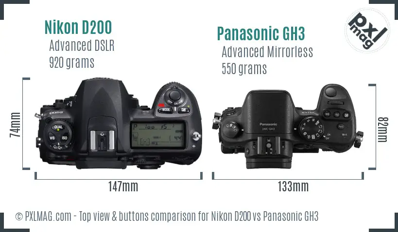 Nikon D200 vs Panasonic GH3 top view buttons comparison