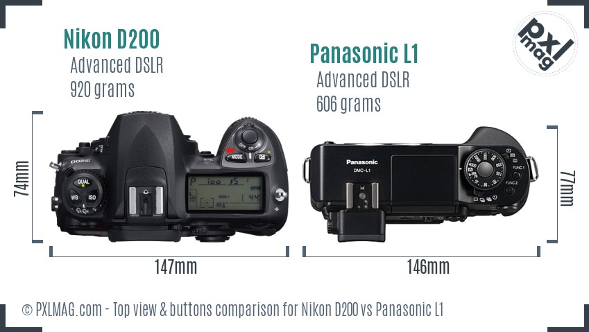 Nikon D200 vs Panasonic L1 top view buttons comparison