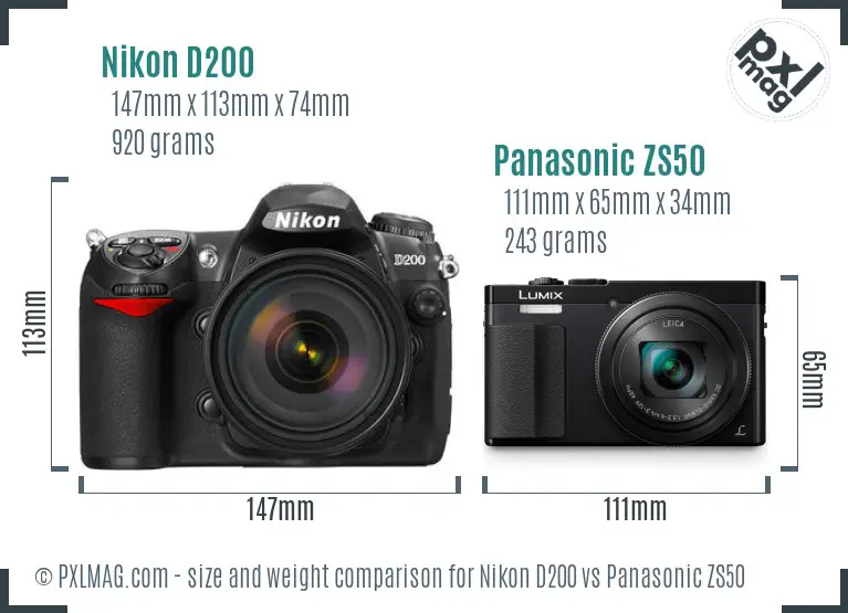 Nikon D200 vs Panasonic ZS50 size comparison