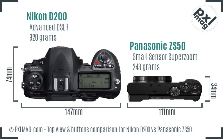 Nikon D200 vs Panasonic ZS50 top view buttons comparison