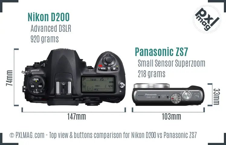 Nikon D200 vs Panasonic ZS7 top view buttons comparison
