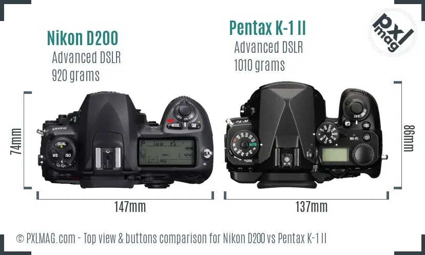 Nikon D200 vs Pentax K-1 II top view buttons comparison
