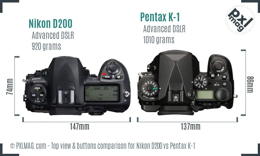 Nikon D200 vs Pentax K-1 top view buttons comparison