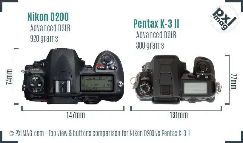 Nikon D200 vs Pentax K-3 II top view buttons comparison
