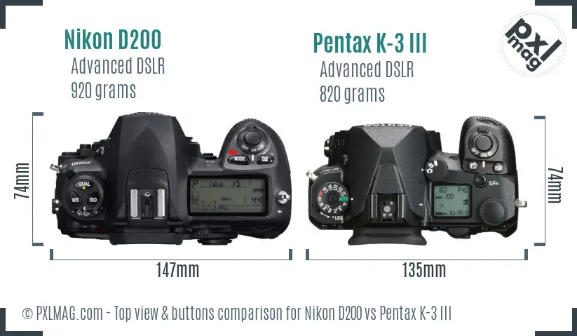 Nikon D200 vs Pentax K-3 III top view buttons comparison