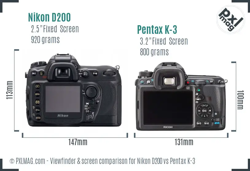 Nikon D200 vs Pentax K-3 Screen and Viewfinder comparison
