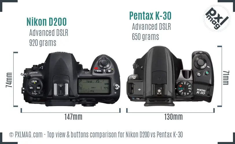 Nikon D200 vs Pentax K-30 top view buttons comparison