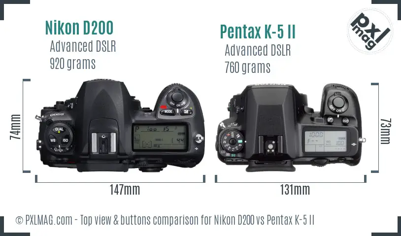 Nikon D200 vs Pentax K-5 II top view buttons comparison