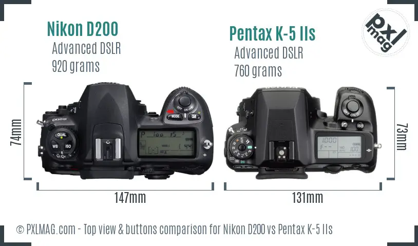 Nikon D200 vs Pentax K-5 IIs top view buttons comparison