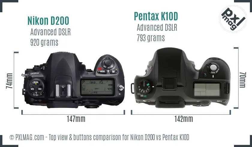 Nikon D200 vs Pentax K10D top view buttons comparison