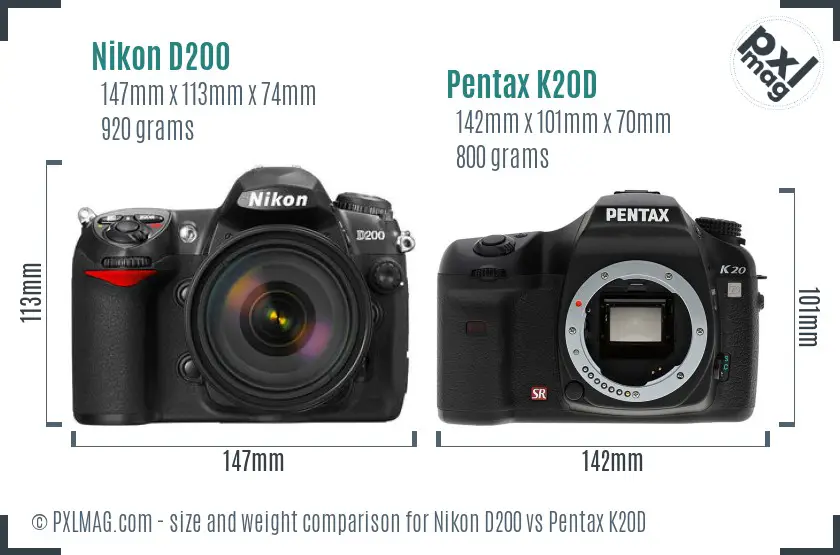 Nikon D200 vs Pentax K20D size comparison