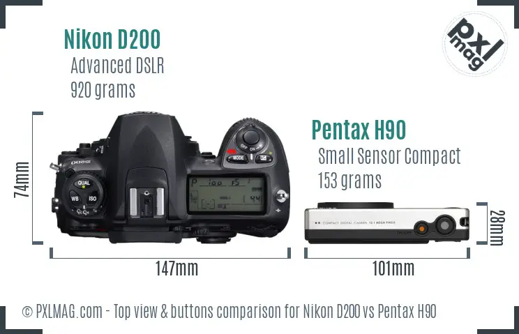Nikon D200 vs Pentax H90 top view buttons comparison