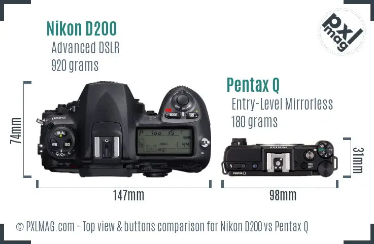 Nikon D200 vs Pentax Q top view buttons comparison