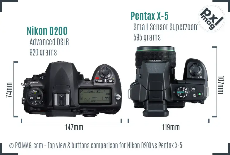 Nikon D200 vs Pentax X-5 top view buttons comparison