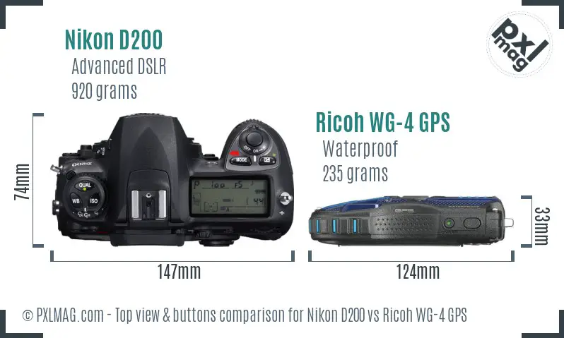 Nikon D200 vs Ricoh WG-4 GPS top view buttons comparison