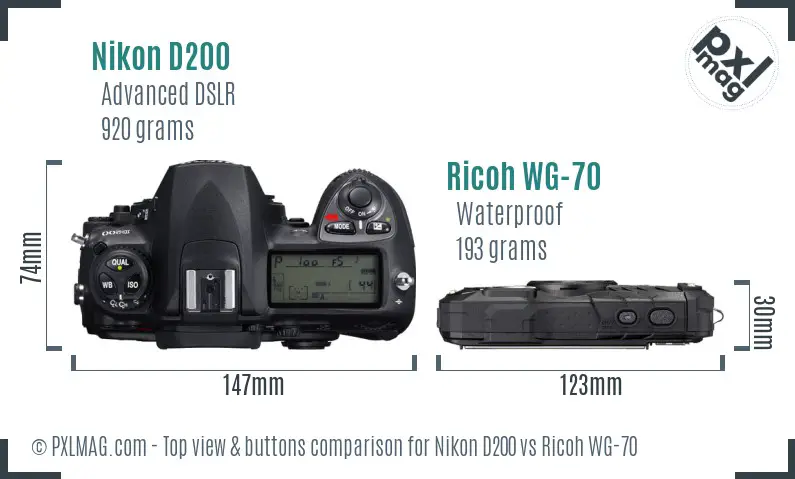 Nikon D200 vs Ricoh WG-70 top view buttons comparison