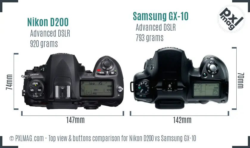 Nikon D200 vs Samsung GX-10 top view buttons comparison